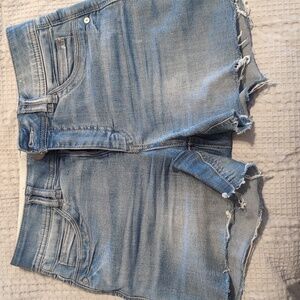 Distressed "ab solution" denim shorts
